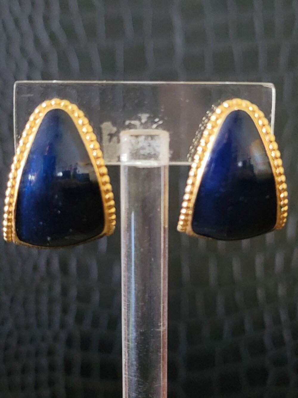 Vintage Signed Trifari Navy Blue Enamel Earrings | Gold Beaded Border Statement